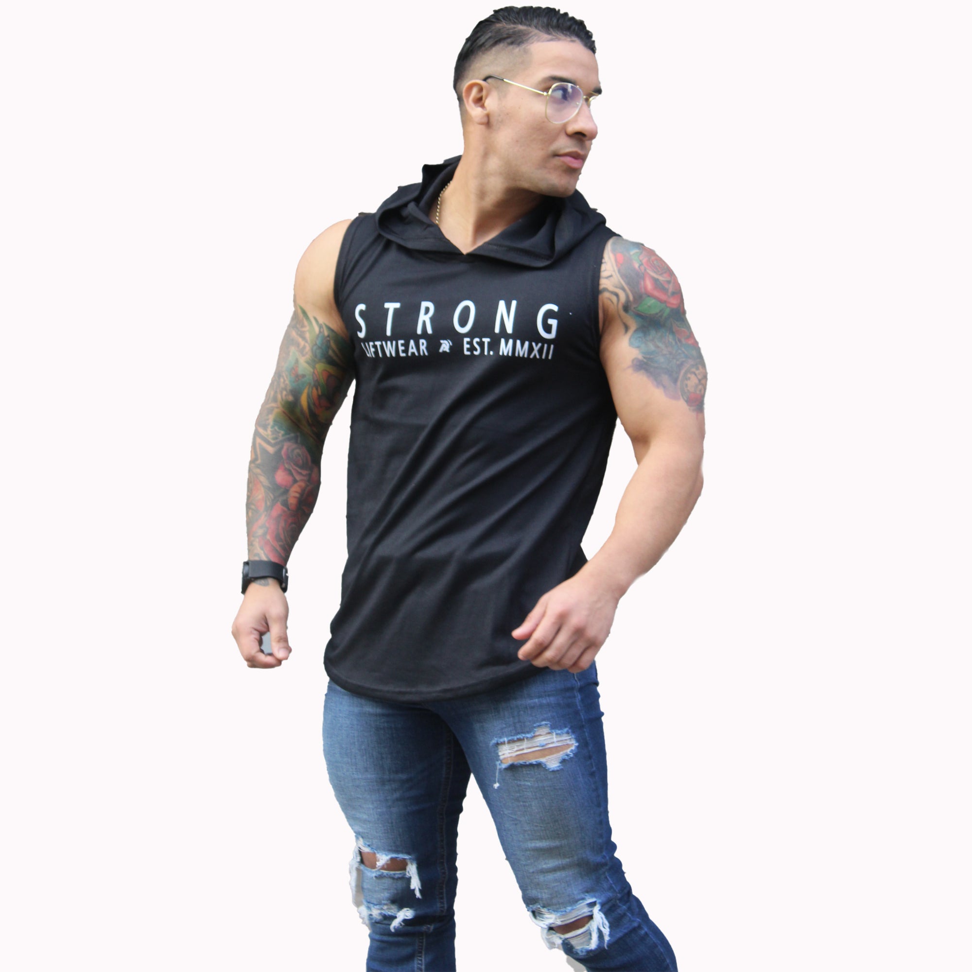 Polera Musculosa Capucha strong gym negro