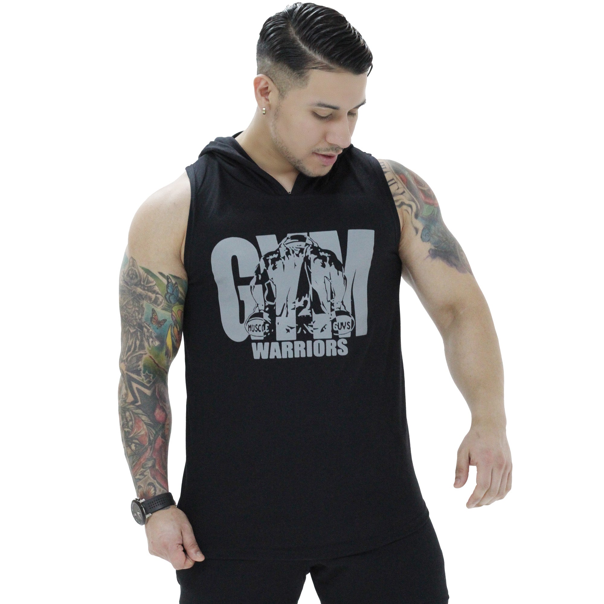 Polera Musculosa Capucha gym warrior manga cero negro