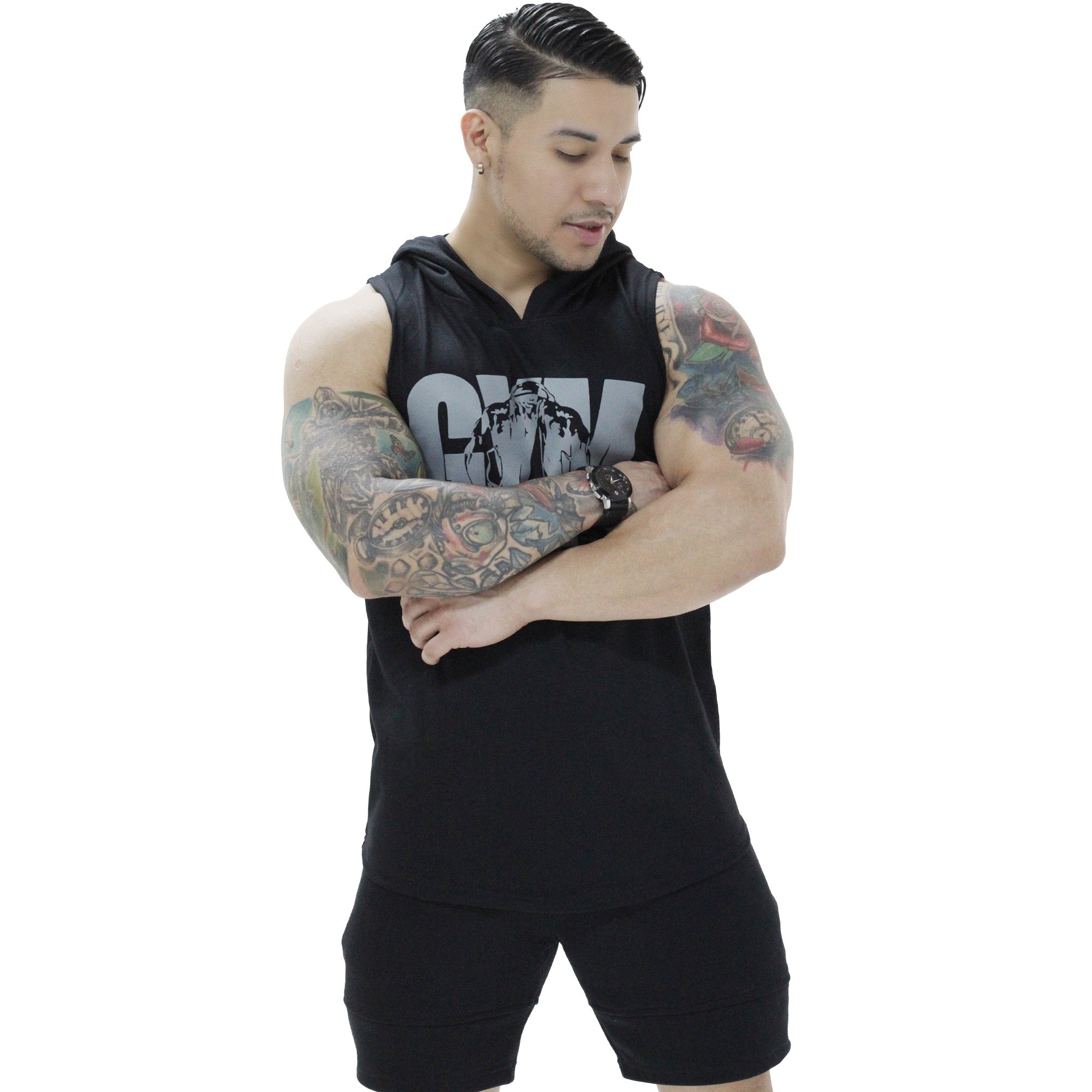 Polera Musculosa Capucha gym warrior manga cero negro