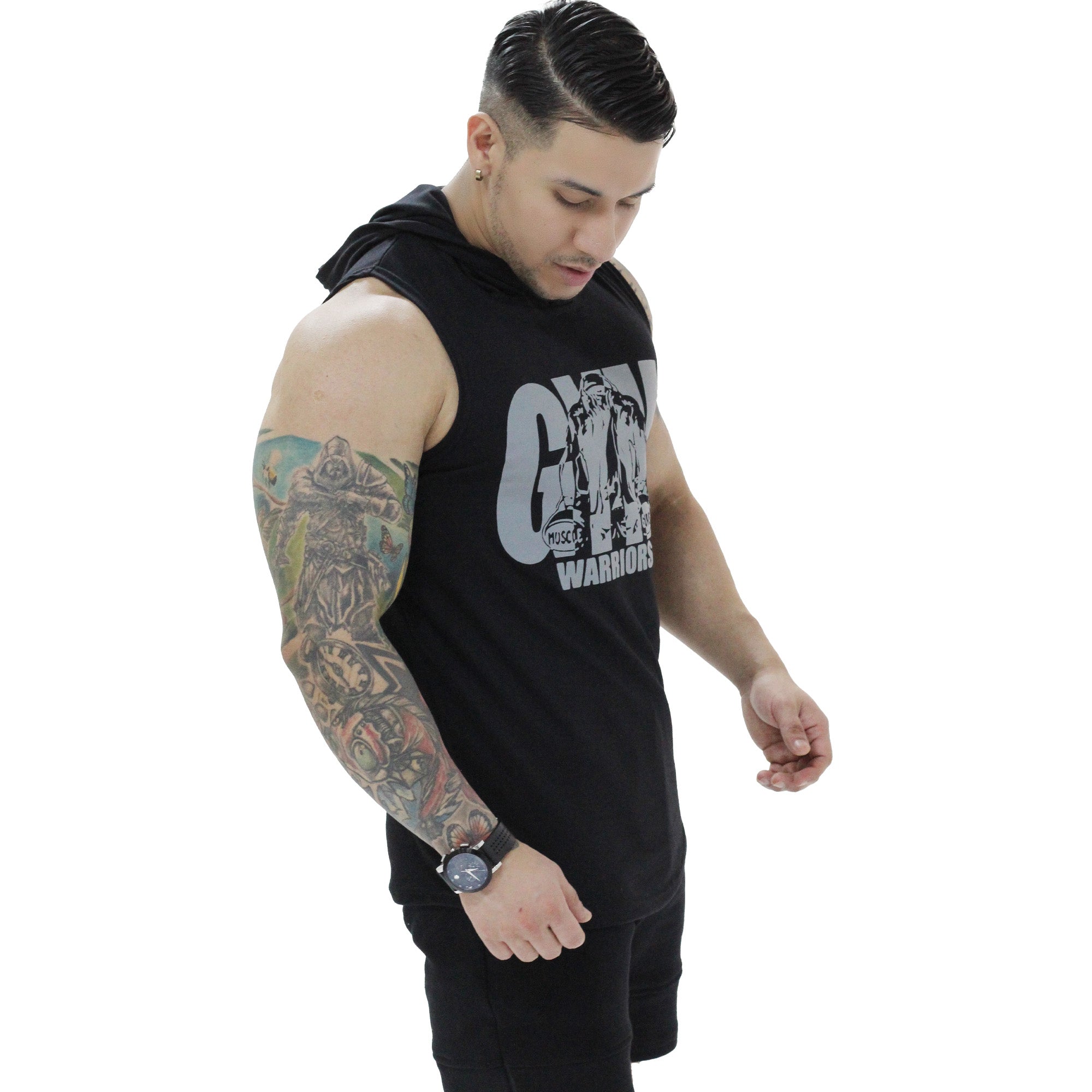Polera Musculosa Capucha gym warrior manga cero negro