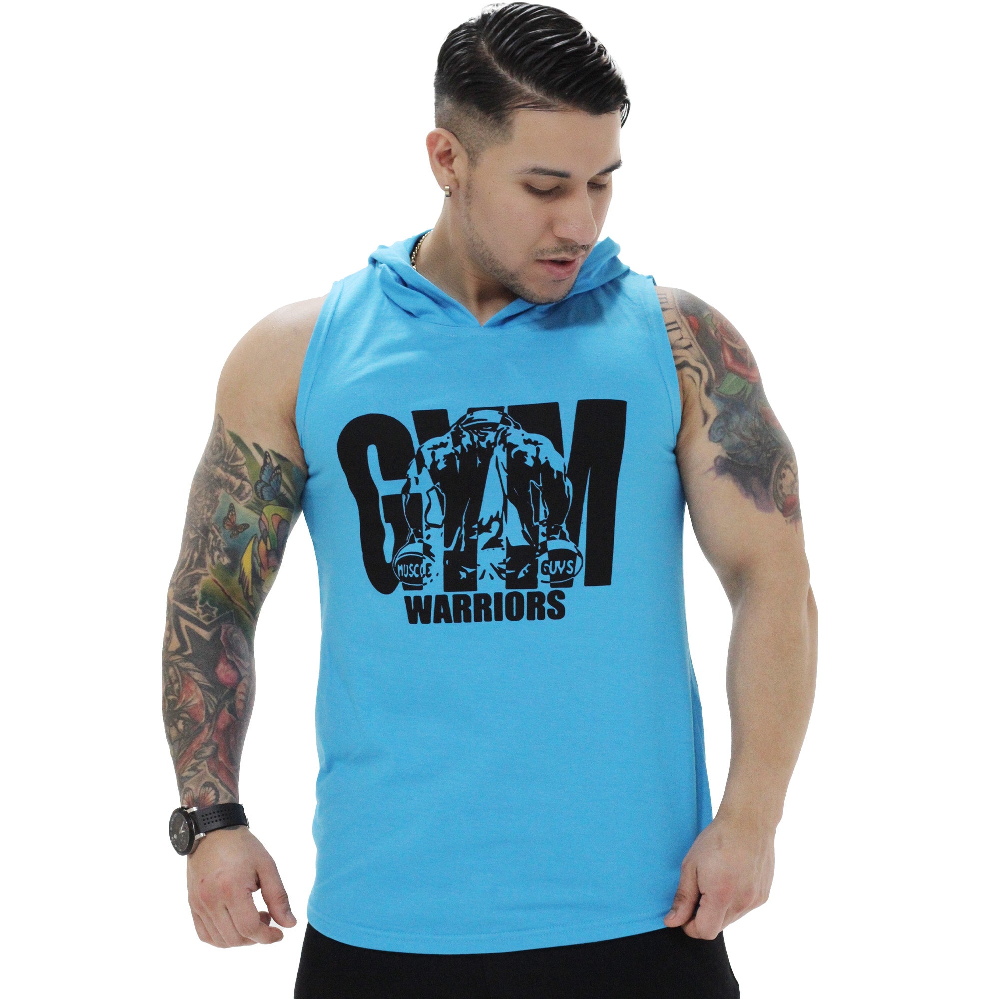 Polera Musculosa Capucha gym warrior manga cero celeste