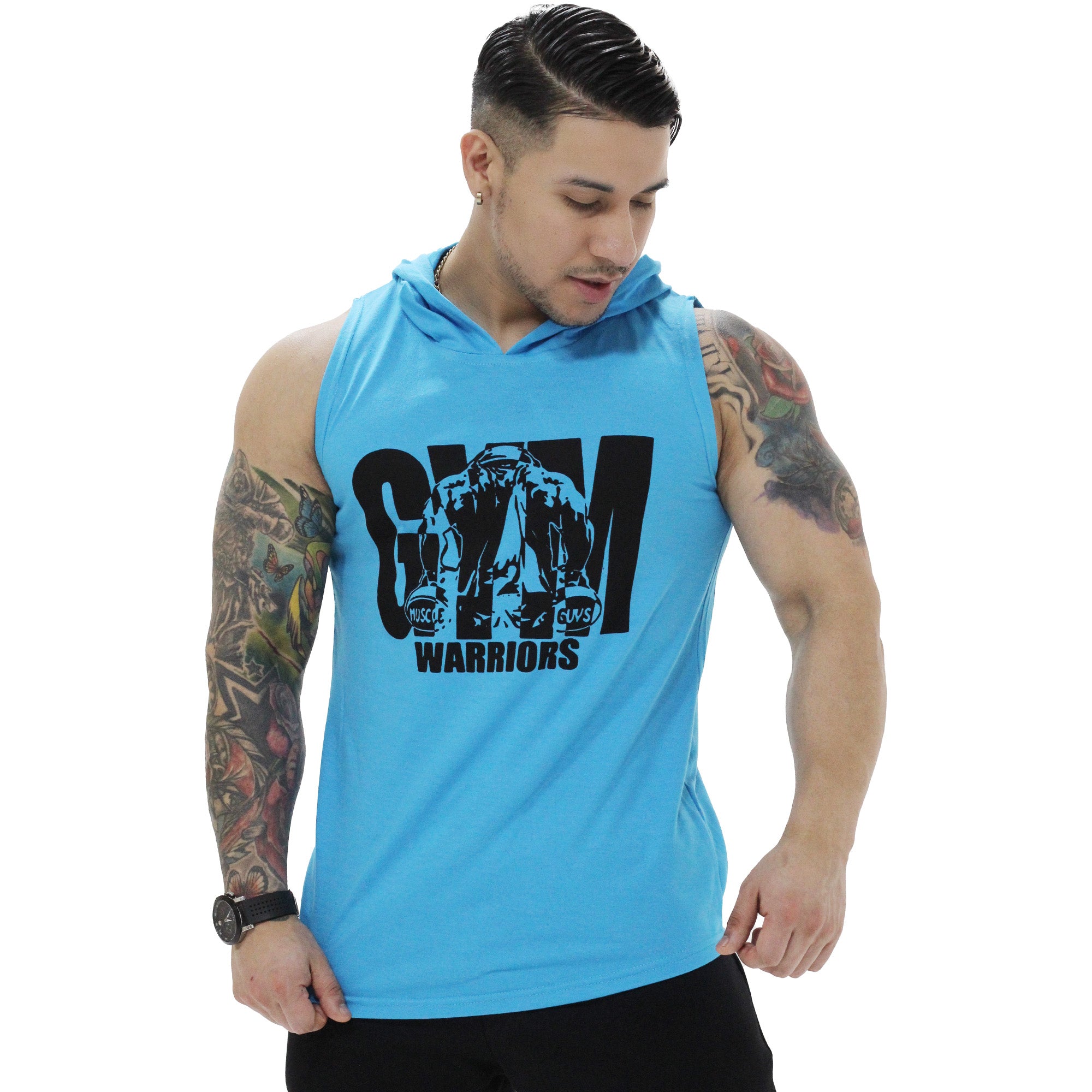 Polera Musculosa Capucha gym warrior manga cero celeste