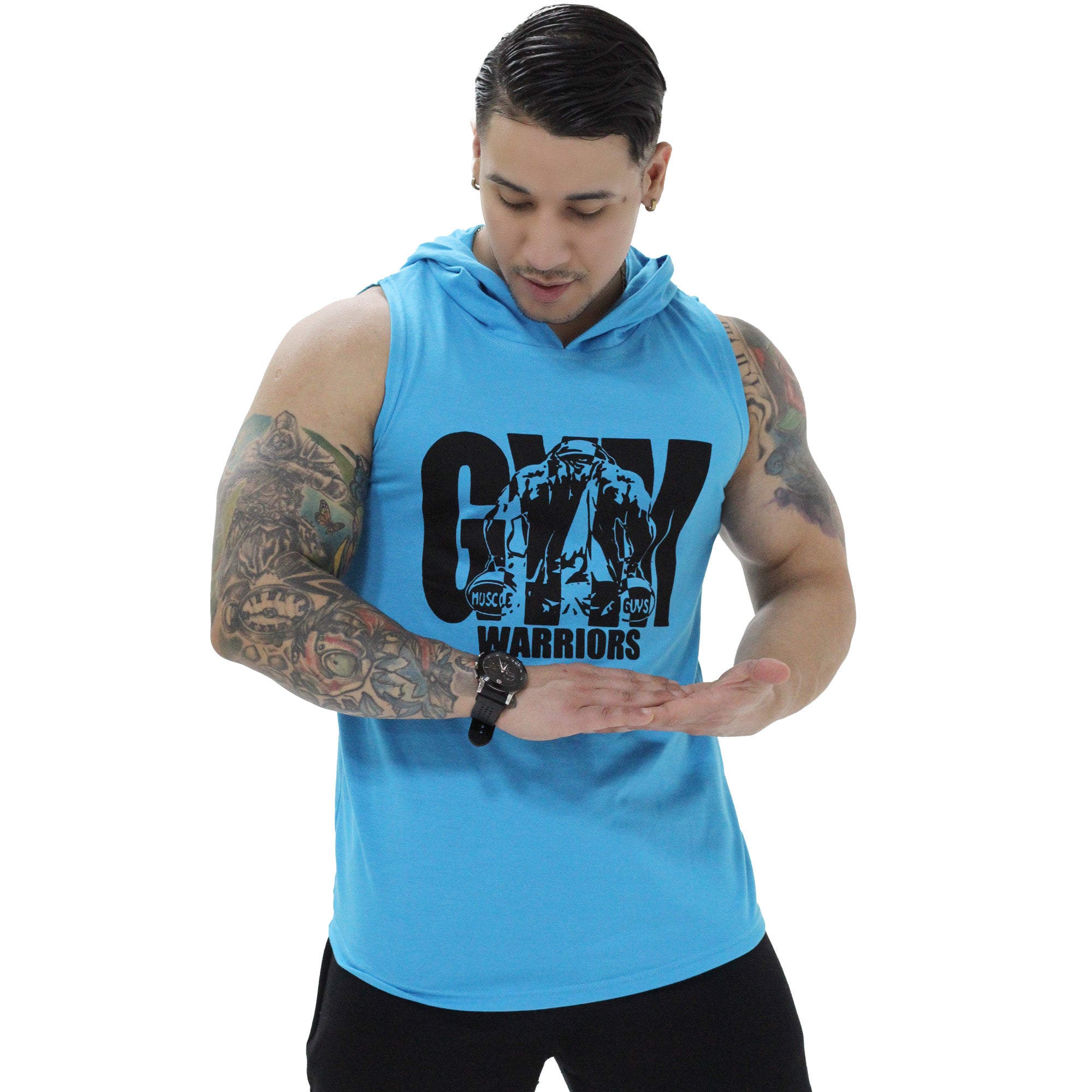 Polera Musculosa Capucha gym warrior manga cero celeste