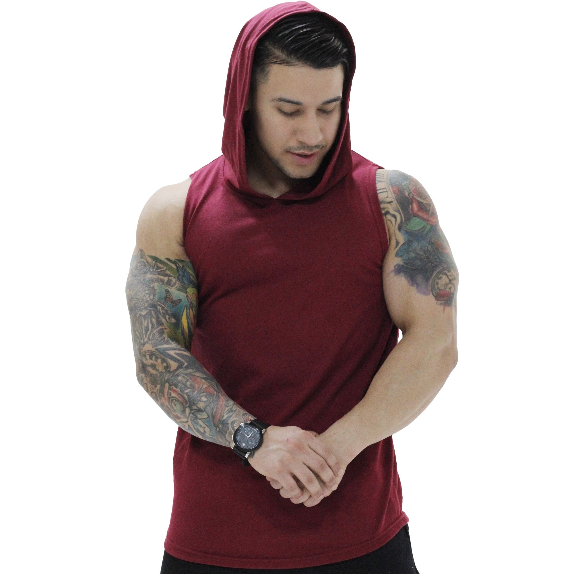 Polera Musculosa Capucha lisa warrior manga cero burdeo