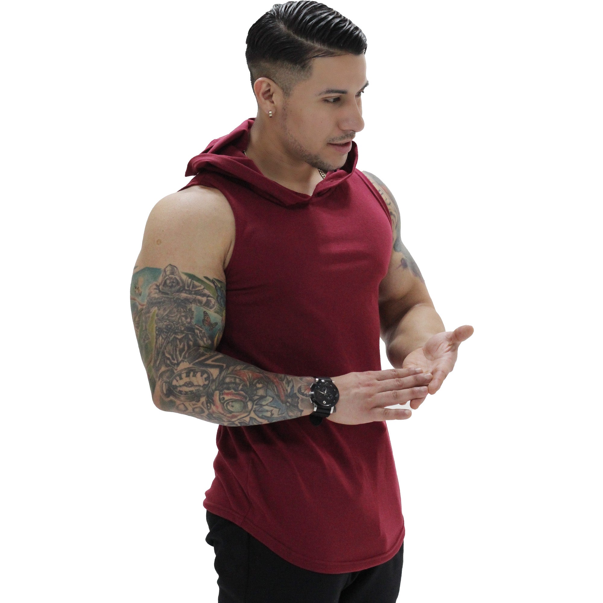 Polera Musculosa Capucha lisa warrior manga cero burdeo