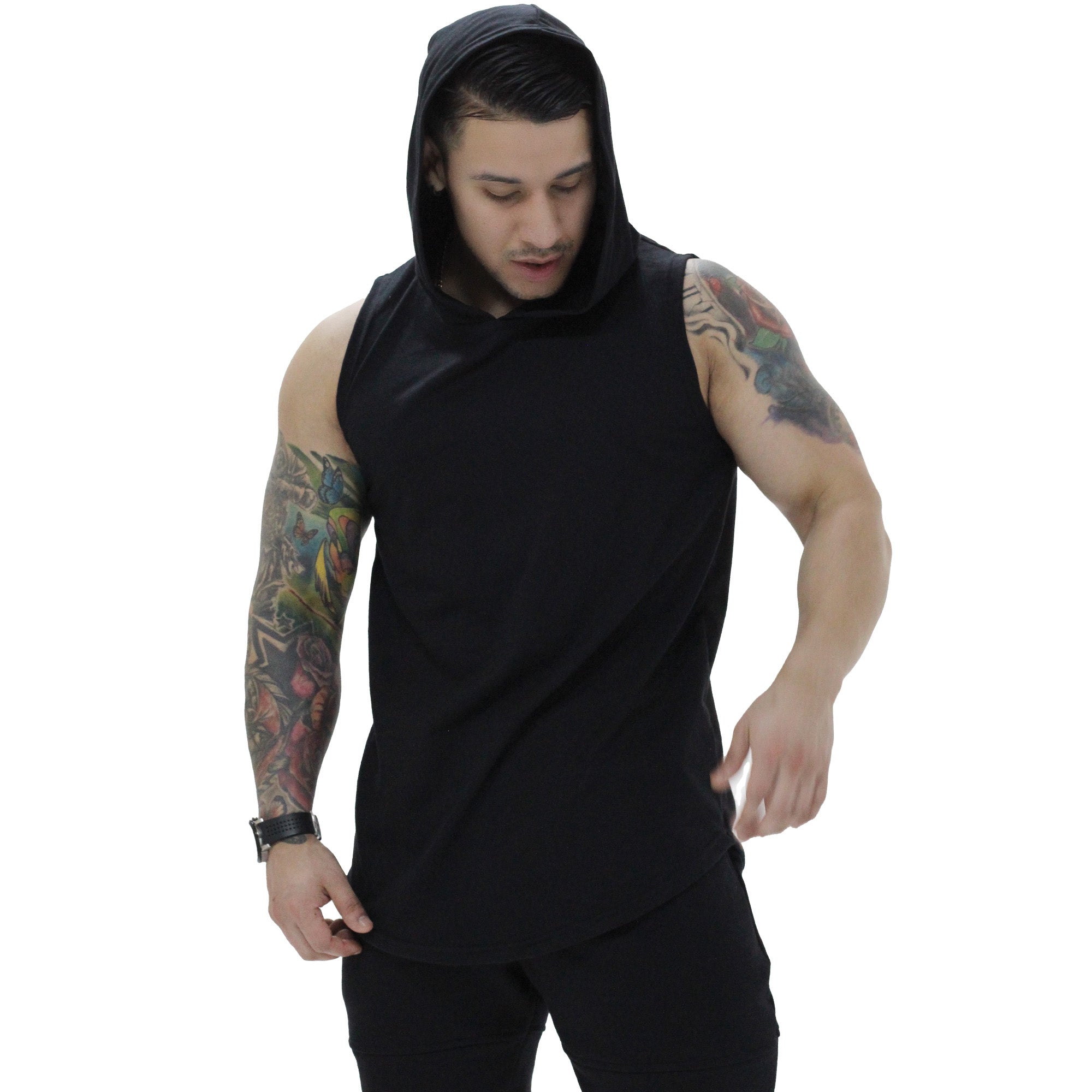 Polera Musculosa Capucha lisa warrior manga cero negro