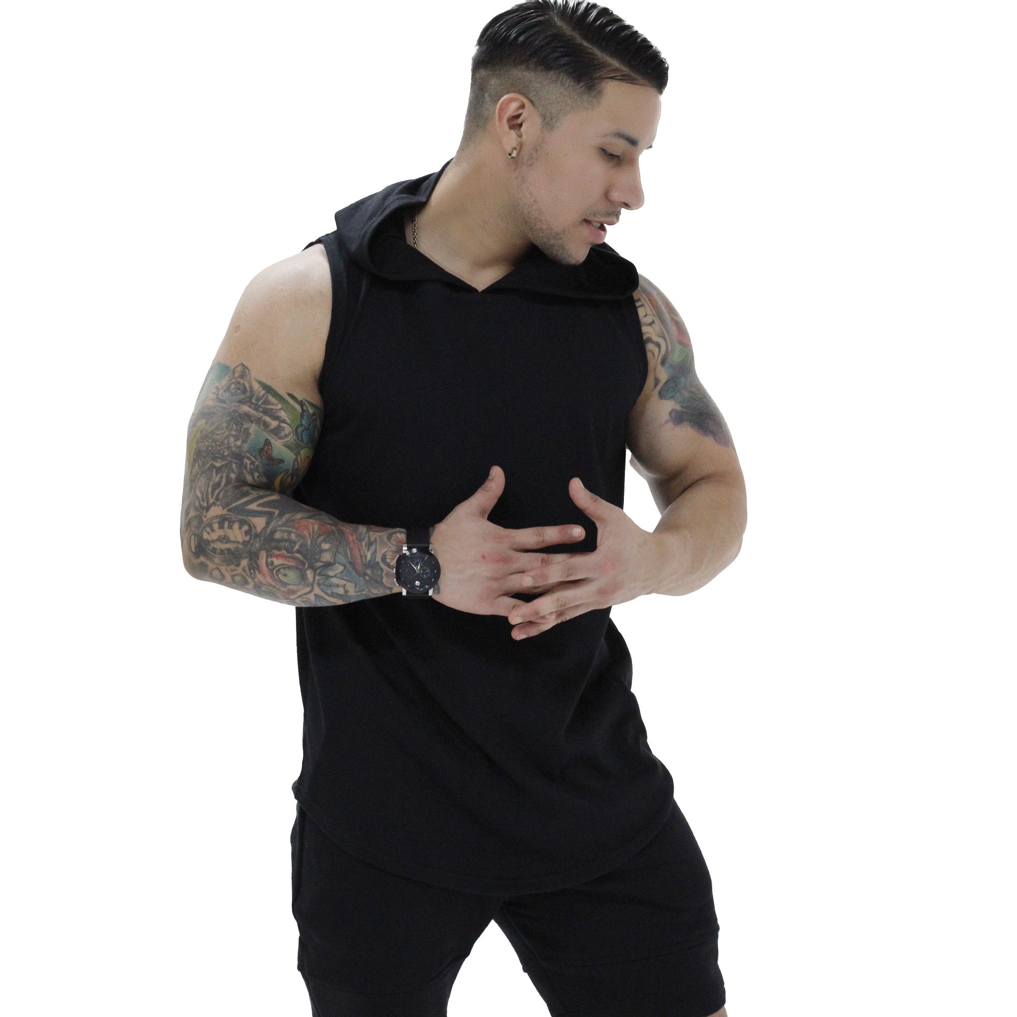 Polera Musculosa Capucha lisa warrior manga cero negro