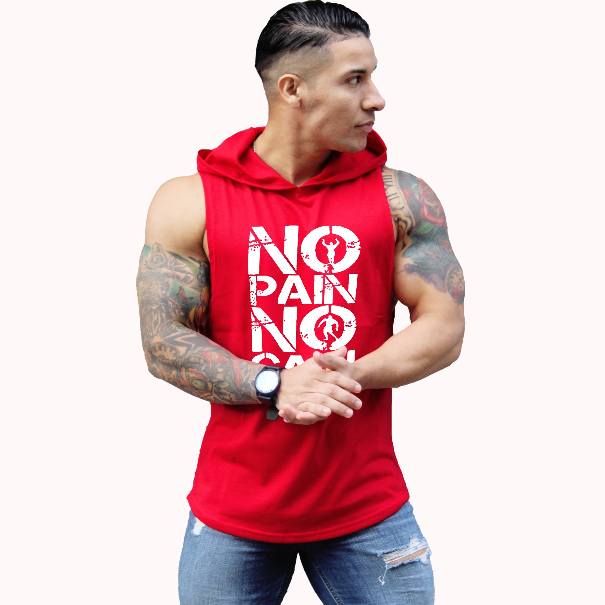 Polera musculosa con capucha nopain nogain red-white