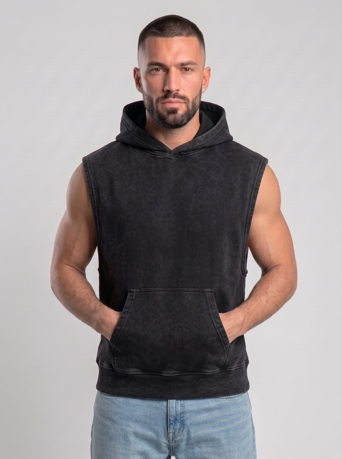 Polerón Musculosa con Capucha Acid Wash  | Black