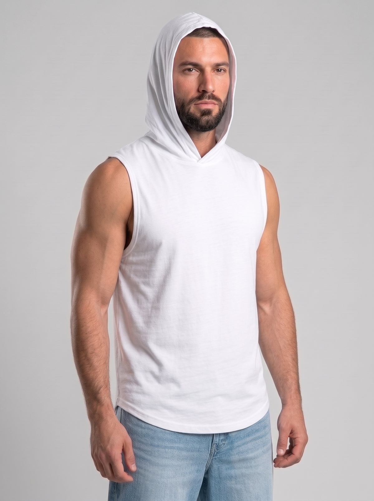Polera Musculosa Capucha lisa warrior manga cero - blanco