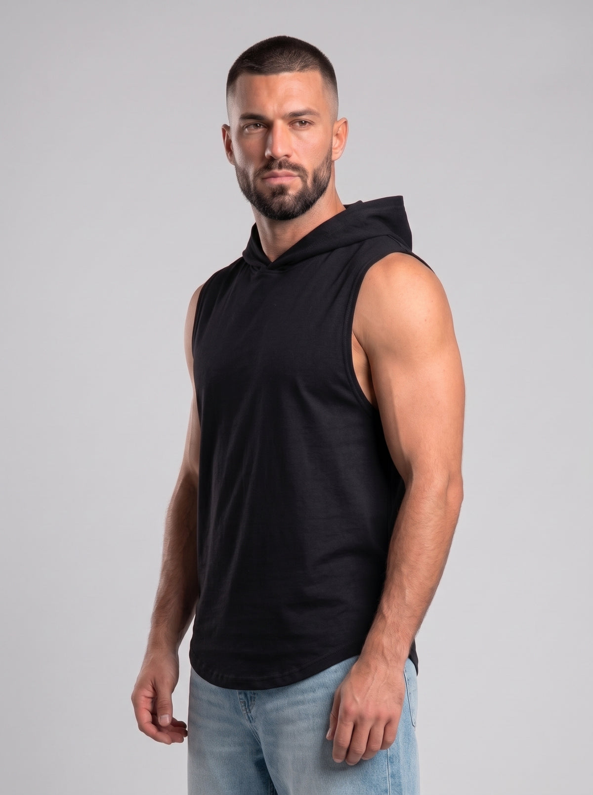 Polera Musculosa Capucha lisa warrior manga cero - negro