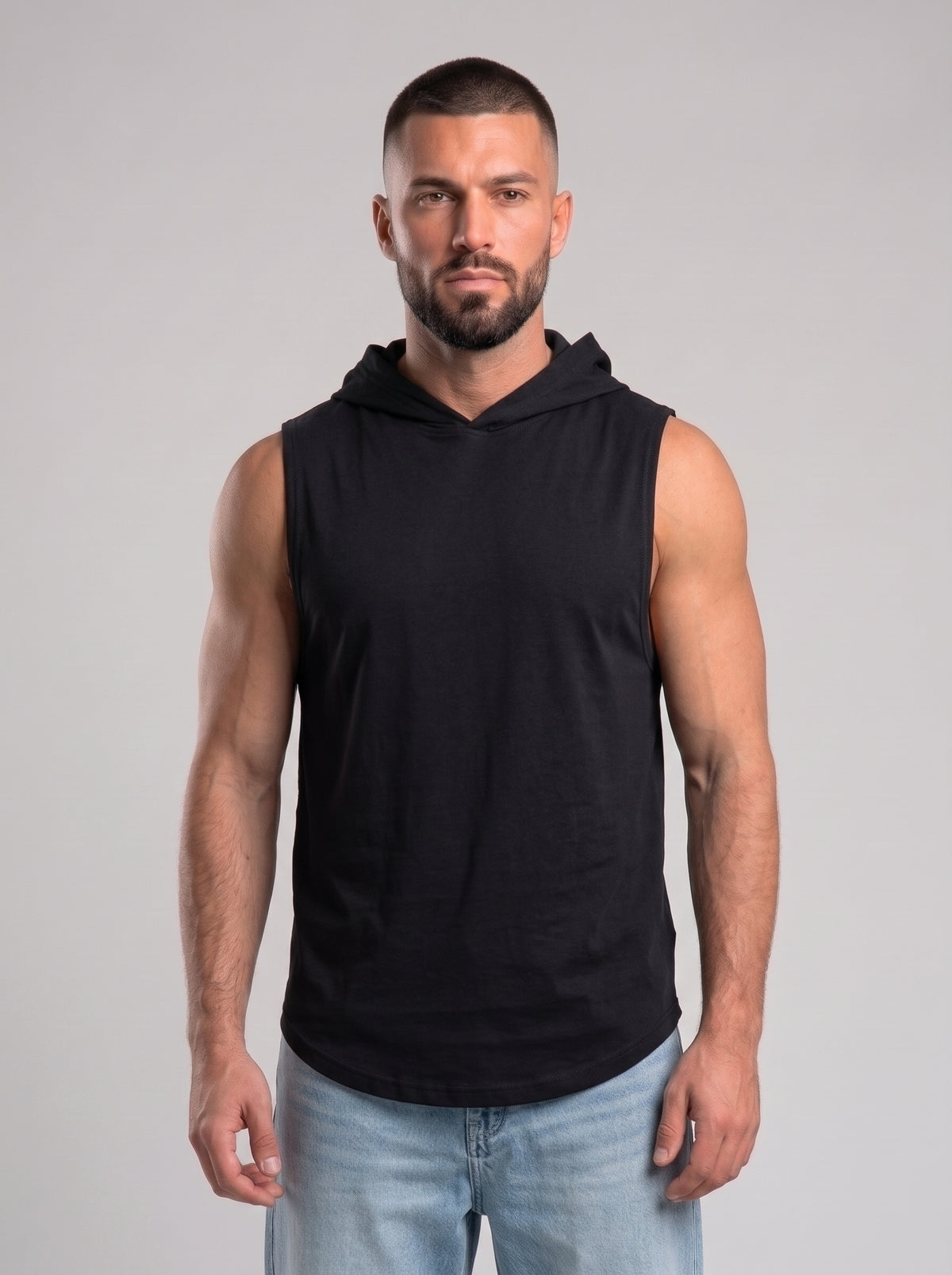 Polera Musculosa Capucha lisa warrior manga cero - negro