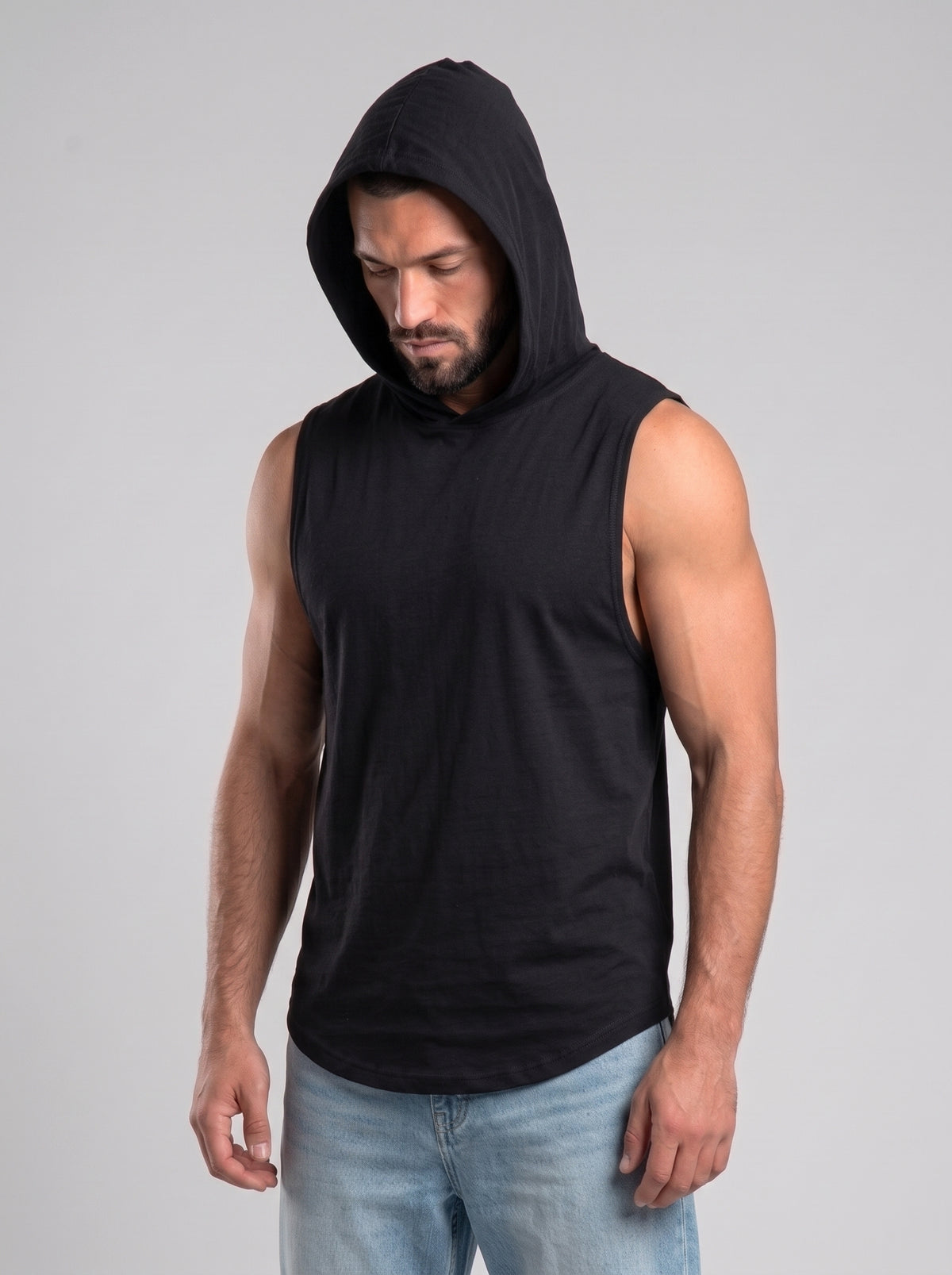 Polera Musculosa Capucha lisa warrior manga cero - negro