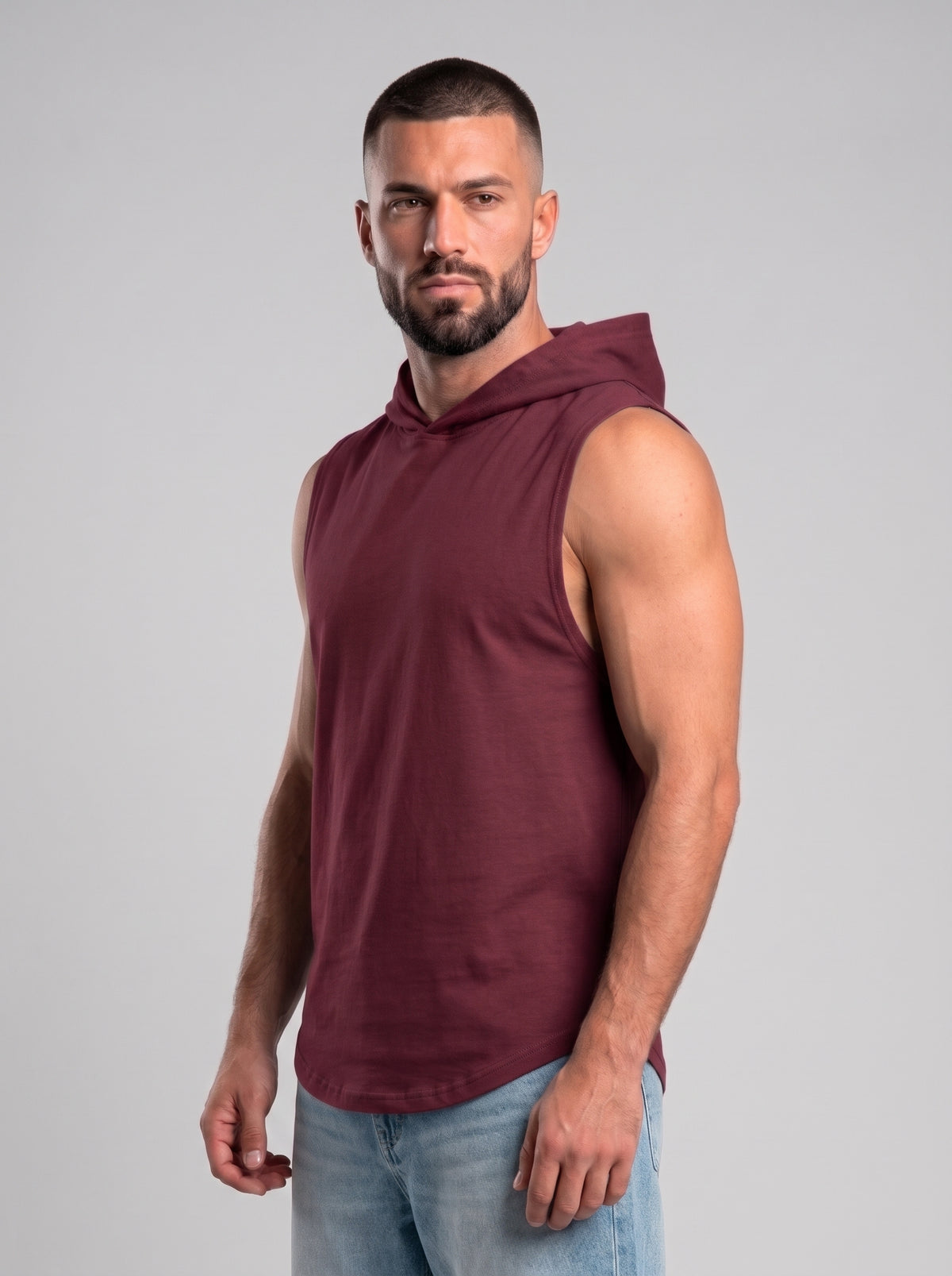 Polera Musculosa Capucha lisa warrior manga cero - burdeo