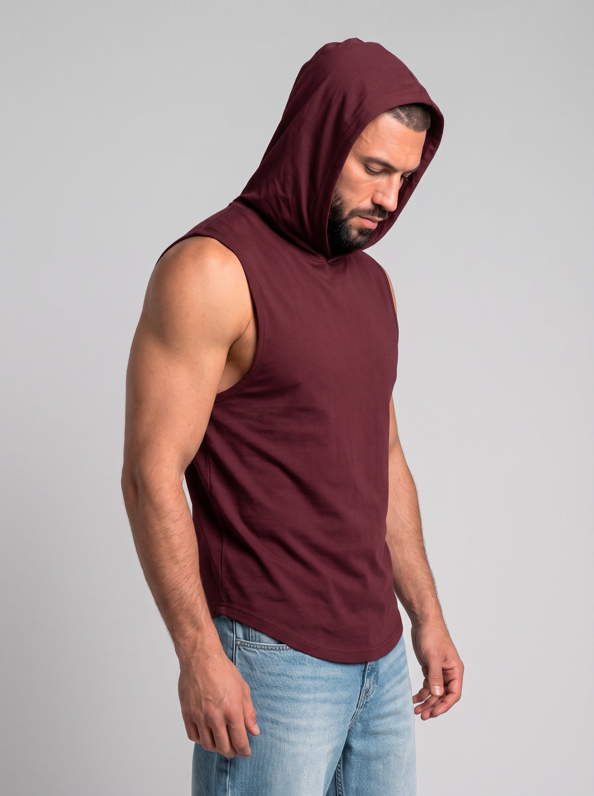 Polera Musculosa Capucha lisa warrior manga cero - burdeo