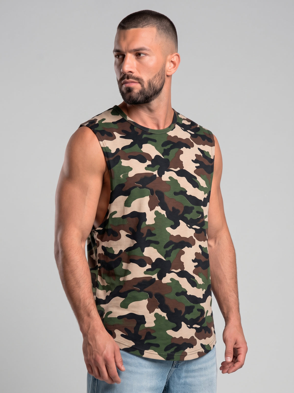 Polera musculosa cuello redondo militar multicolor