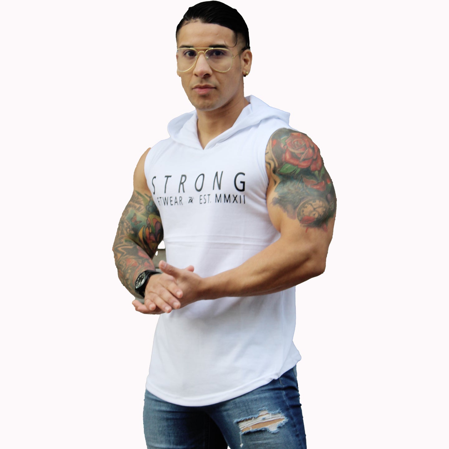 Polera Musculosa Capucha strong gym blanco