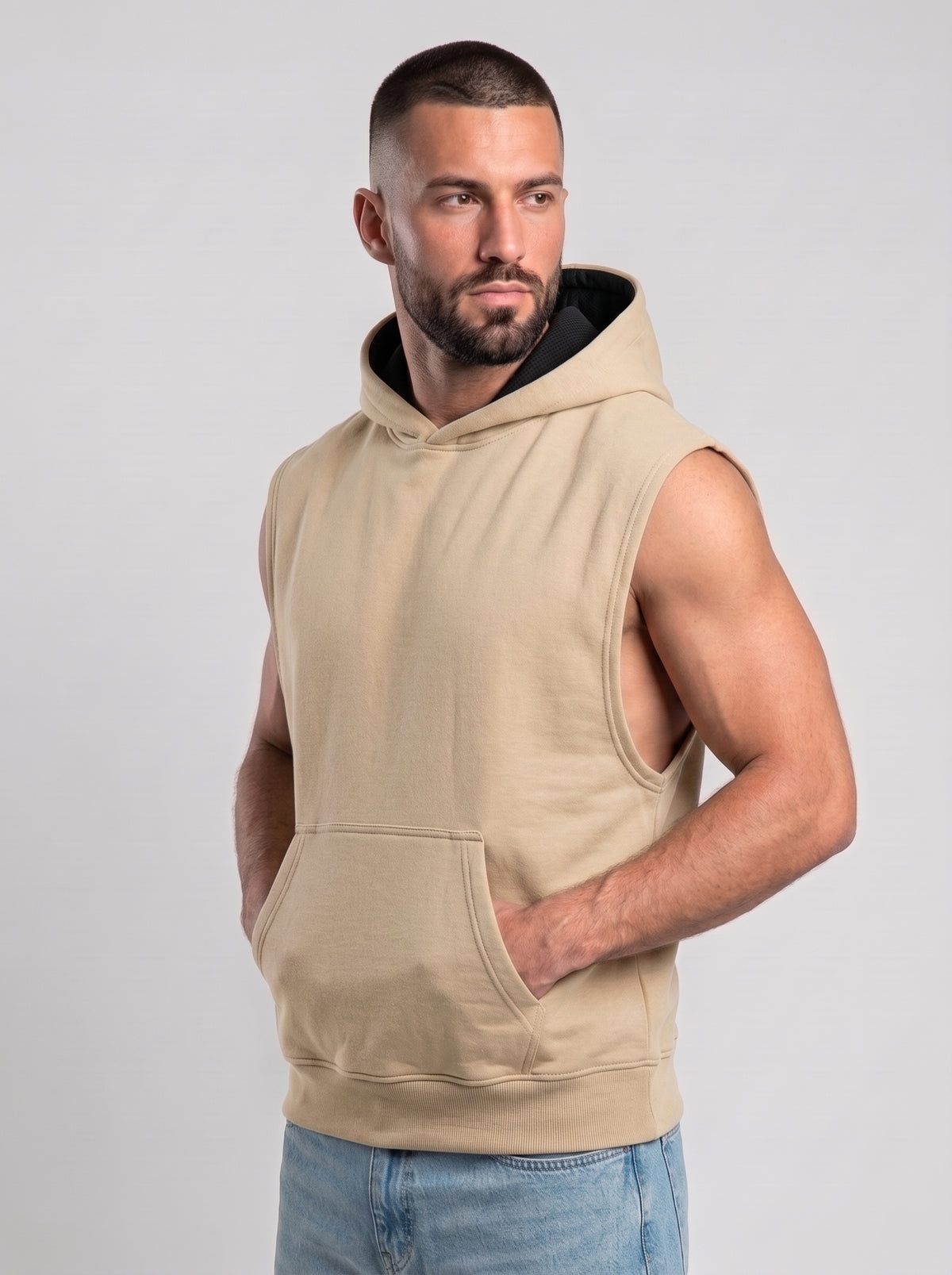 Polerón Musculosa con Capucha lisa Premium | Sand