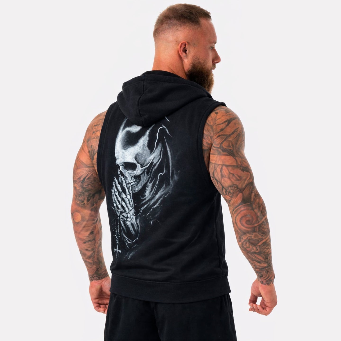 Hoodie Sin Mangas Negro con Diseño de Calavera en Espalda