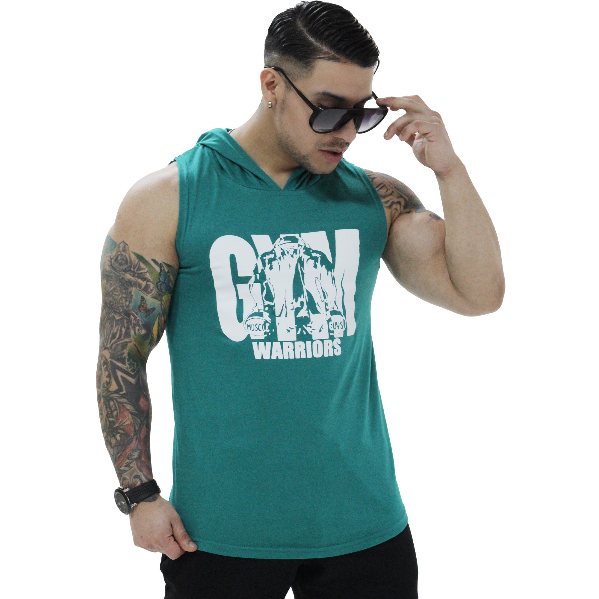 Polera Musculosa Capucha gym warrior manga cero jade