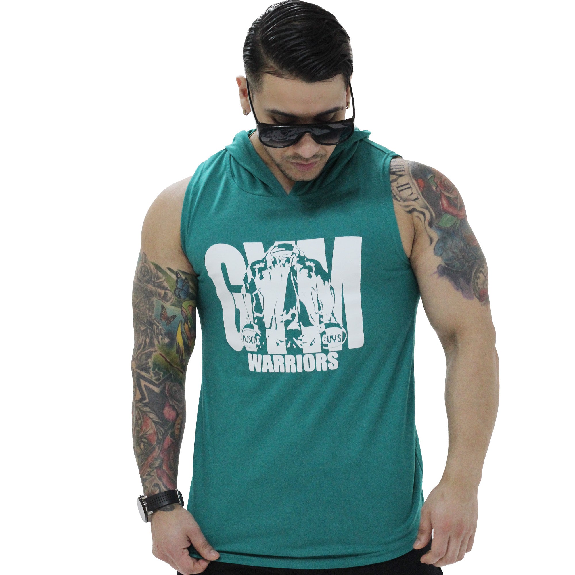 Polera Musculosa Capucha gym warrior manga cero jade